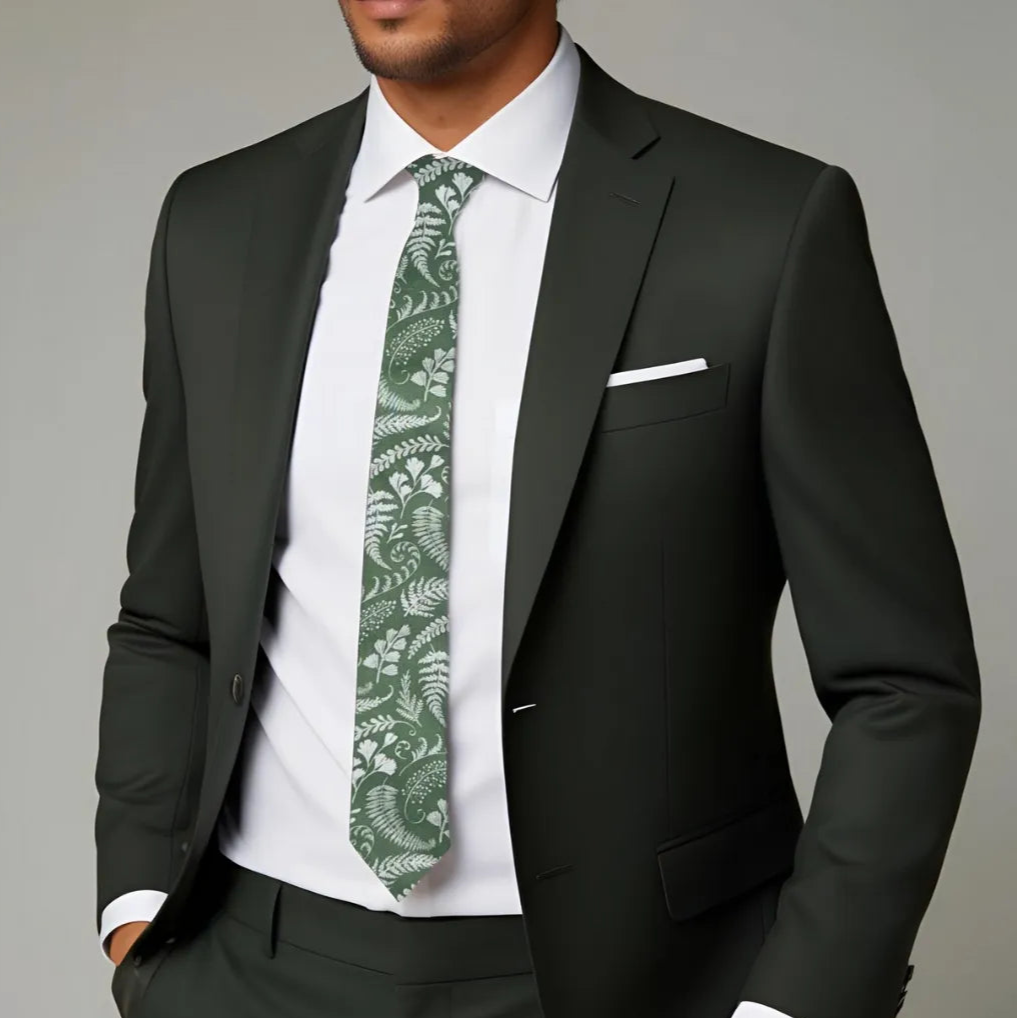 Man wearing sage green floral tie with dark green suit