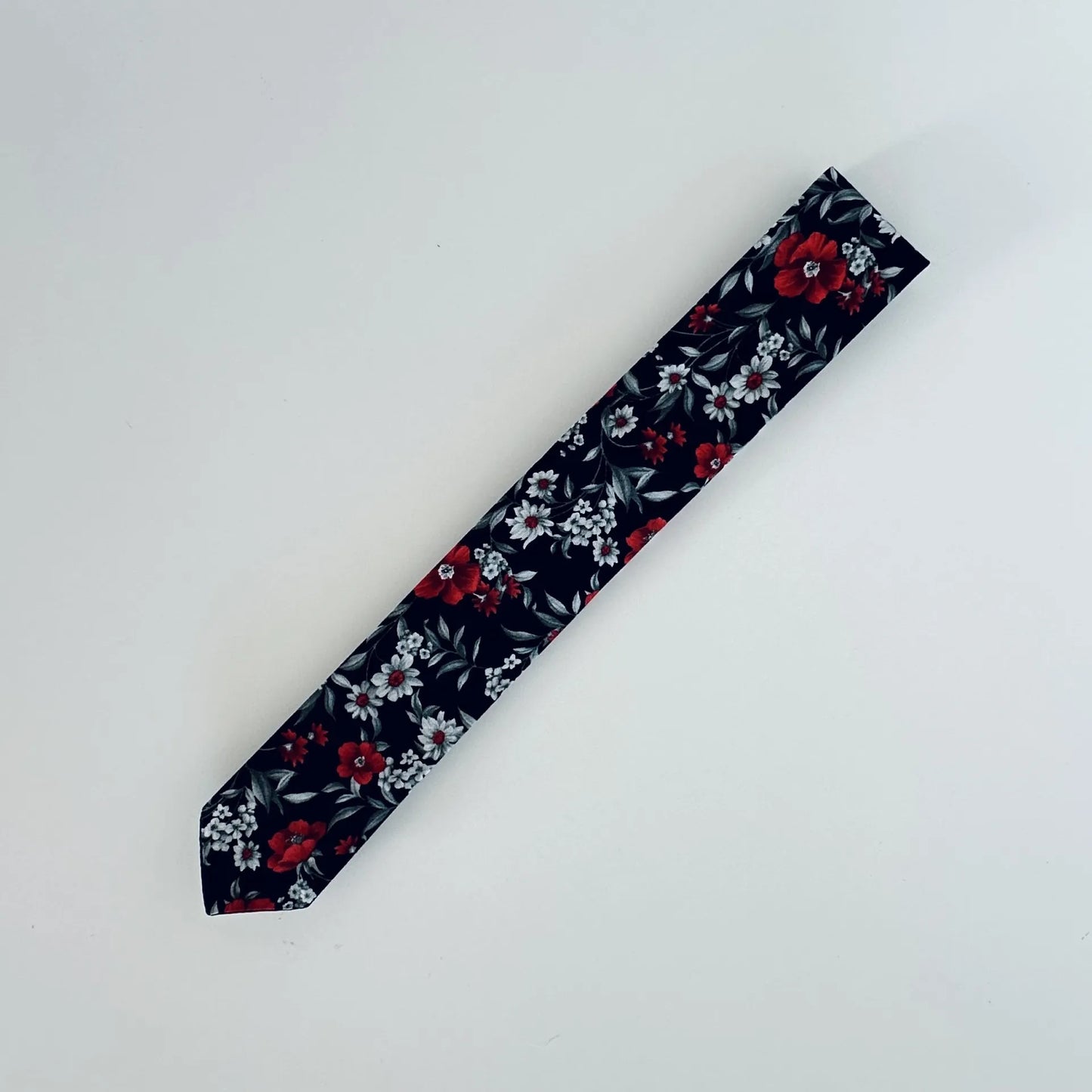 Black Tie with Red and White Florals - Handmade Skinny Men's Necktie