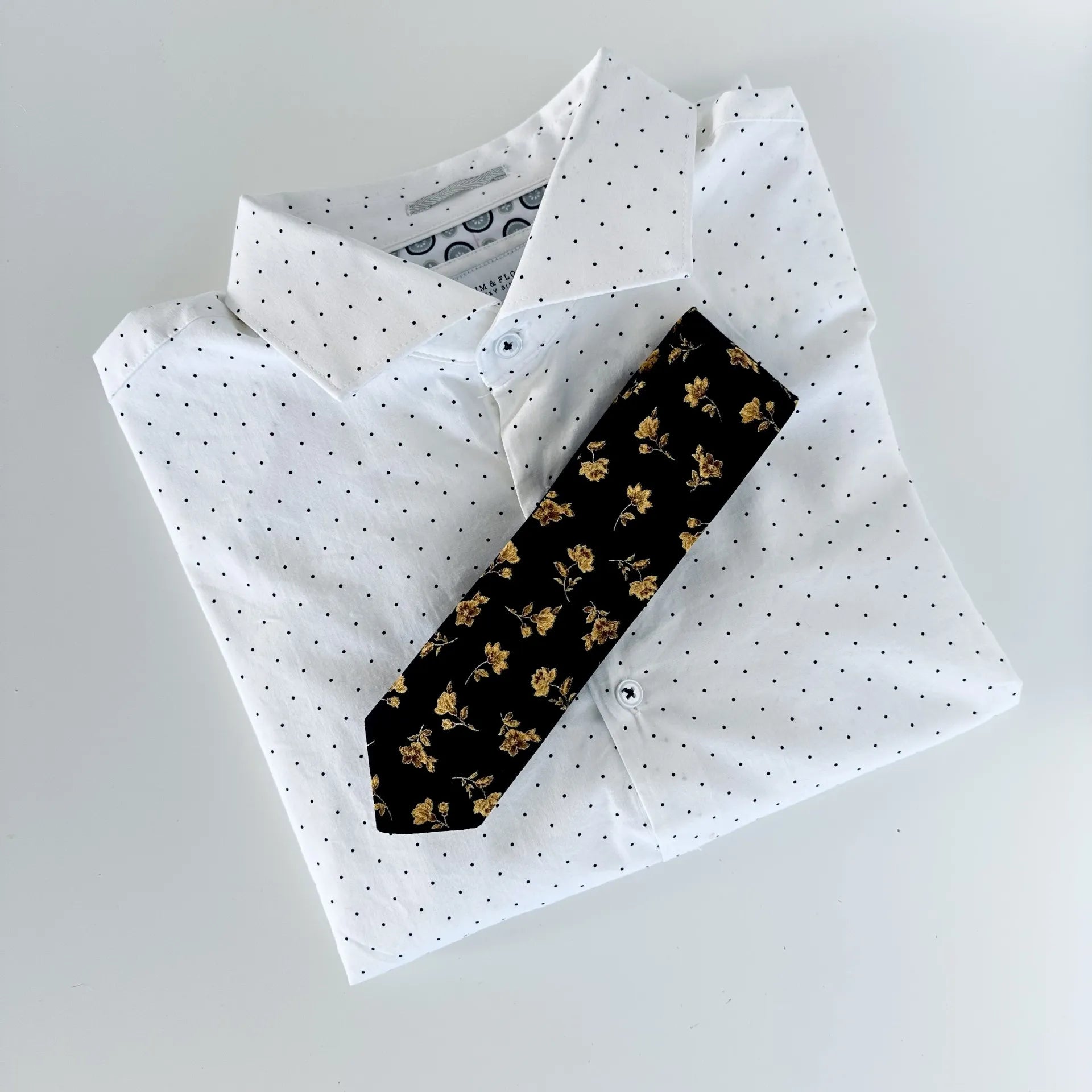 Black cotton satin tie with gold flowers