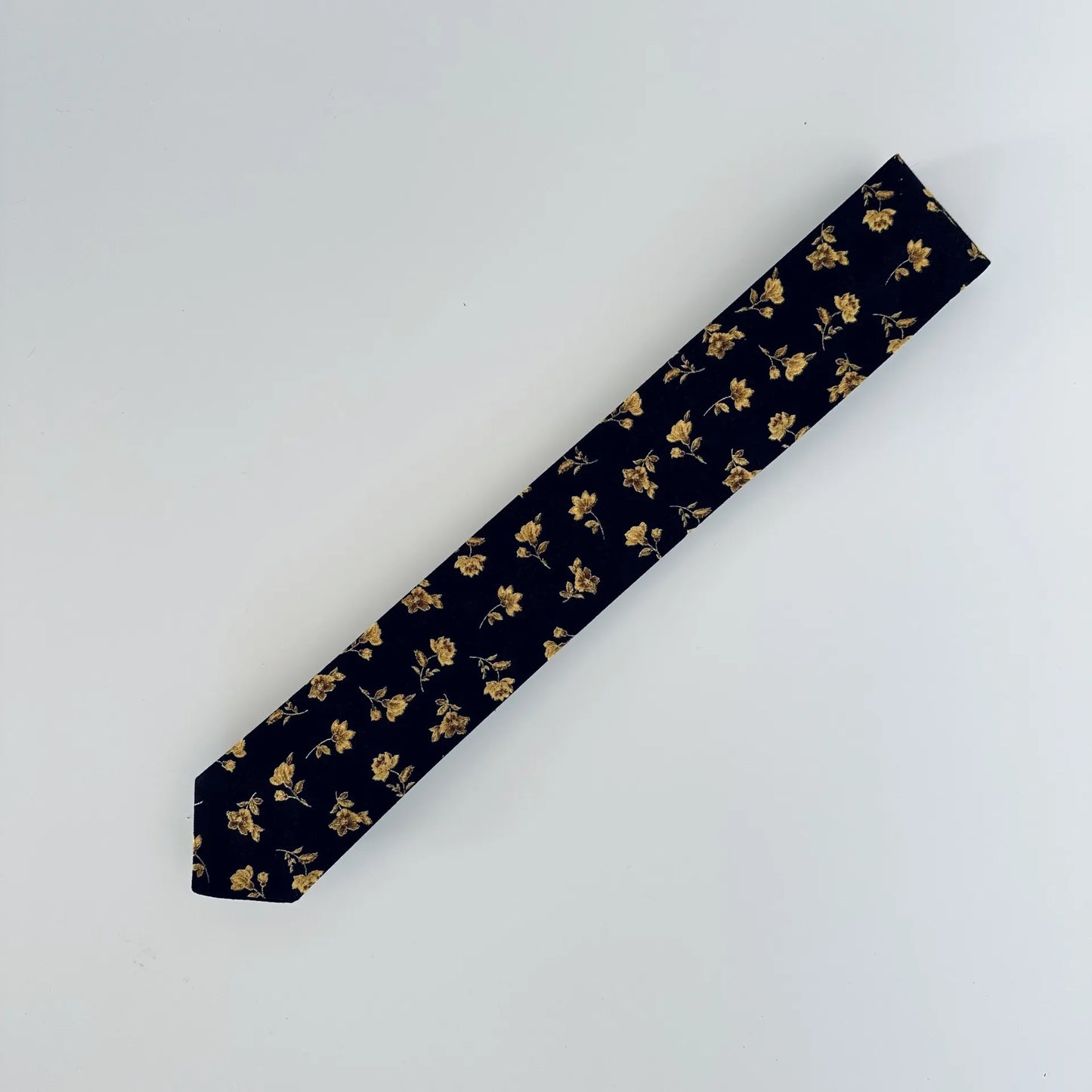 Handmade Skinny Men's Necktie – Black Tie with Gold Floral Design