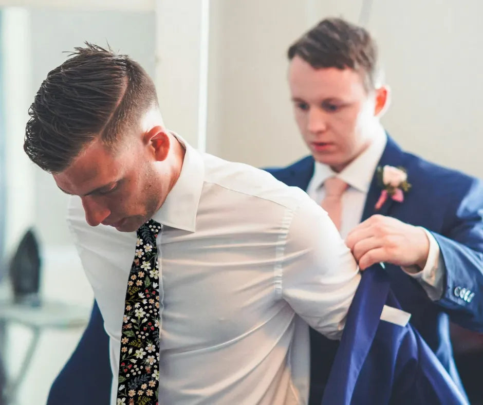 Handmade black floral cotton tie for men