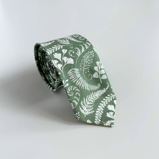 Handmade Men's Skinny Necktie - Sage Green Tie with White Florals